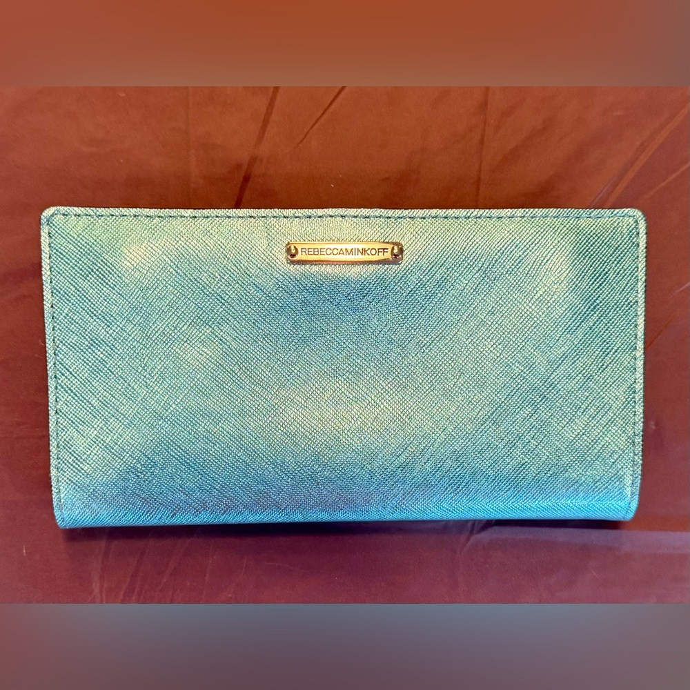 NWOT Rebecca Minkoff Metallic Teal Saffiano Leather slim wallet MSRP $195 - Picture 4 of 10